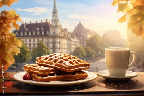 breakfast with Viennese waffles and coffee with the city as a backdrop