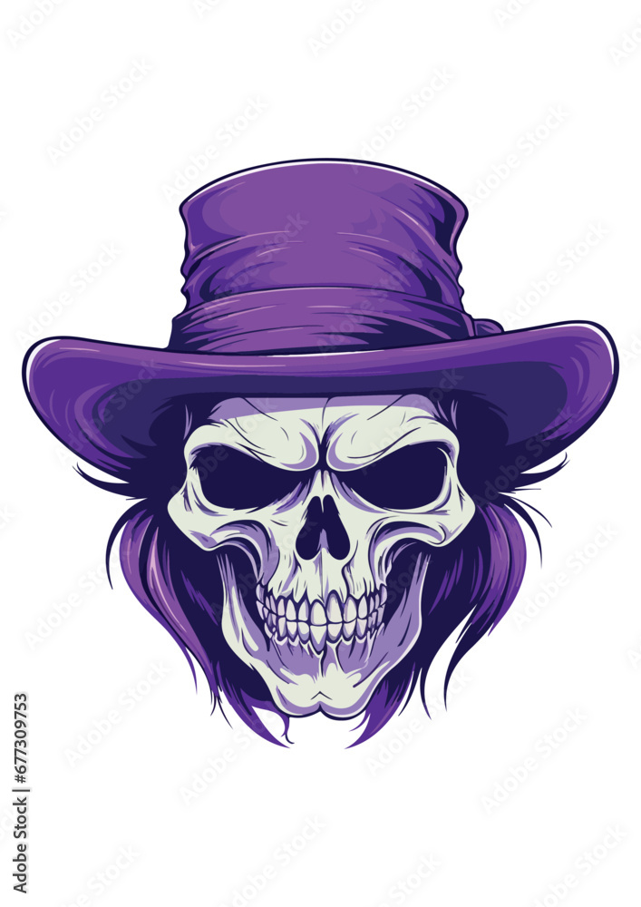 Skull Head with Purple Hat drawing, ready to print, editable, colored skull and drawing
