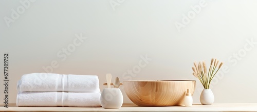 Clean and fresh rolled towels in a wooden bowl on a bench near a soft nail brush in a bathroom or spa salon with beauty elements on a table against a white wall Copy space image Place for addin