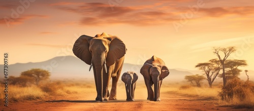African Bush Elephants Loxodonta africana walking on road in wildlife reserve Greetings from Africa Copy space image Place for adding text or design © Ilgun