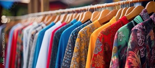 Asian style jackets and cotton clothes for sale at a Thai outdoor market Copy space image Place for adding text or design