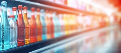 Blurred background of soft drink bottles in convenience store refrigerators Copy space image Place for adding text or design photo