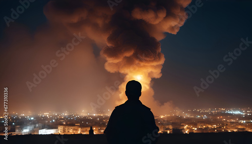 Silhouette of a man looking at the city at night.