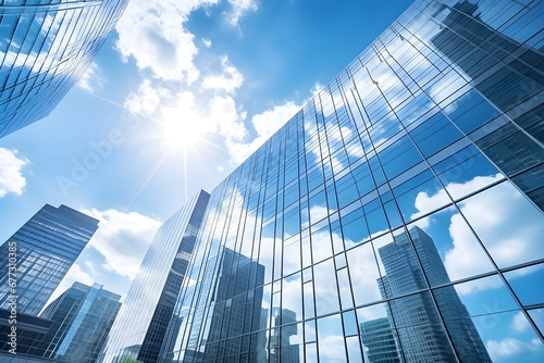 The low angle photography captures the reflective glass curtain walls of business office buildings and skyscrapers  with windows reflecting the blue sky and white clouds 