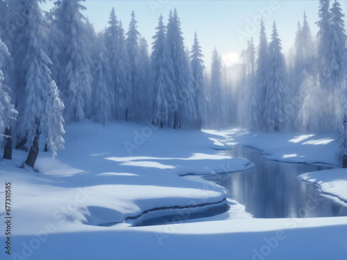 Snowy Christmas Landscape A serene illustration of a winter wonderland, bathed in festive colors, depicting the charm of a snowy Christmas landscape, generated by A © Oldboy