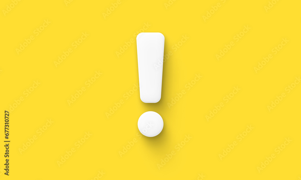 white exclamation mark isolated on a yellow background. Warning concept. Sign or symbol. Illustration - obrazy, fototapety, plakaty 