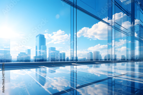 Reflective skyscrapers and business office buildings captured in low-angle photography display detailed glass curtain walls reflecting the blue sky and white clouds,