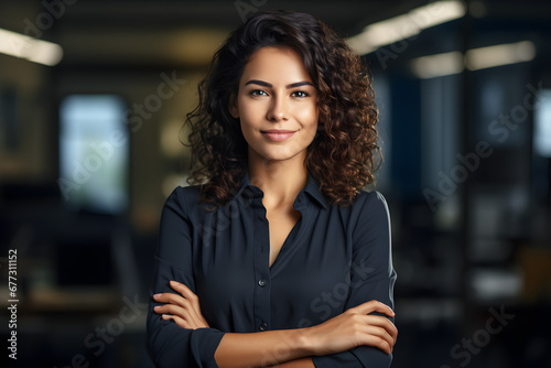 Confident female businesswoman of Hispanic, Latino, or Indian background posing with crossed hands in corporate office, portraying success and leadership,