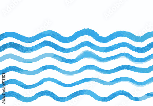 Blue watercolor lines of sea, waves painted on white background. Summer navy texture