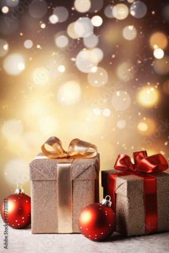 Christmas boxes with gifts, balls on Christmas bokeh background. Beautiful Christmas background. Happy New Year and Merry Christmas © syhin_stas
