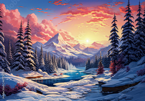 Illustration Wintery Sunset, Book Cover, Backgrounds