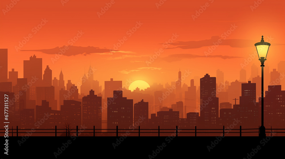 Cityscape Sunset Silhouettes: A Captivating Background Immersed in Warm Sunset Tones - Conjuring the Urban Magic as Day Transforms into Night