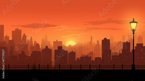 Cityscape Sunset Silhouettes  A Captivating Background Immersed in Warm Sunset Tones - Conjuring the Urban Magic as Day Transforms into Night