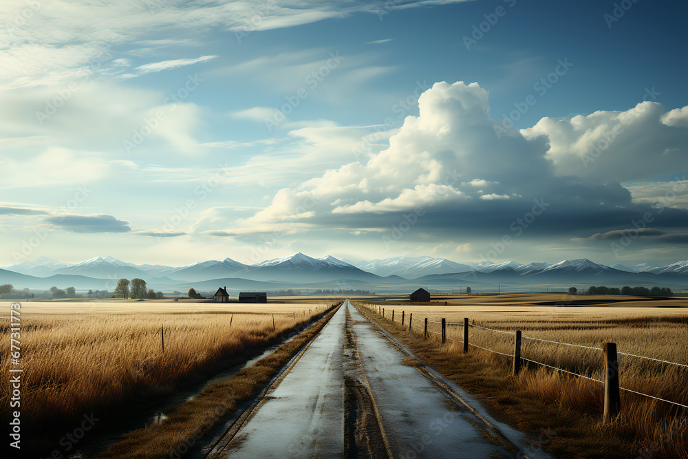 Beautiful rural landscape with a road in the middle of a field