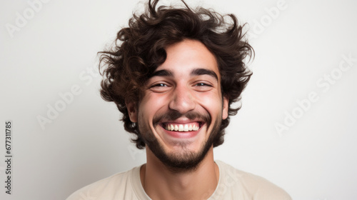 Exuberant young man with curly hair laughing joyfully on a white background