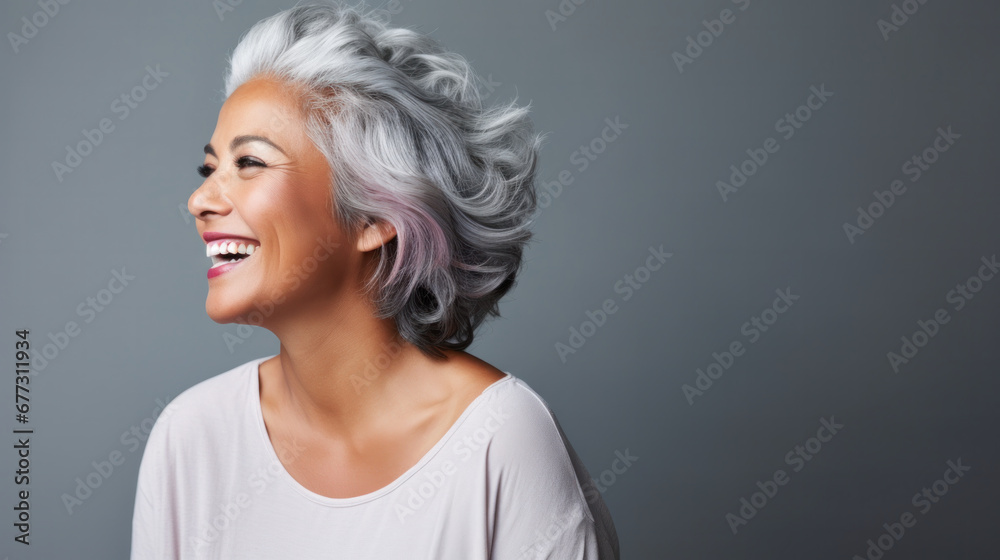 Gleeful woman with chic silver and purple hair on a grey backdrop