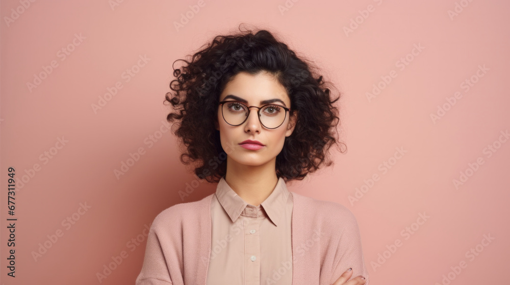 Intelligent woman with curly hair and glasses on a pink background Intelligent woman with curly hair and glasses on a pink background