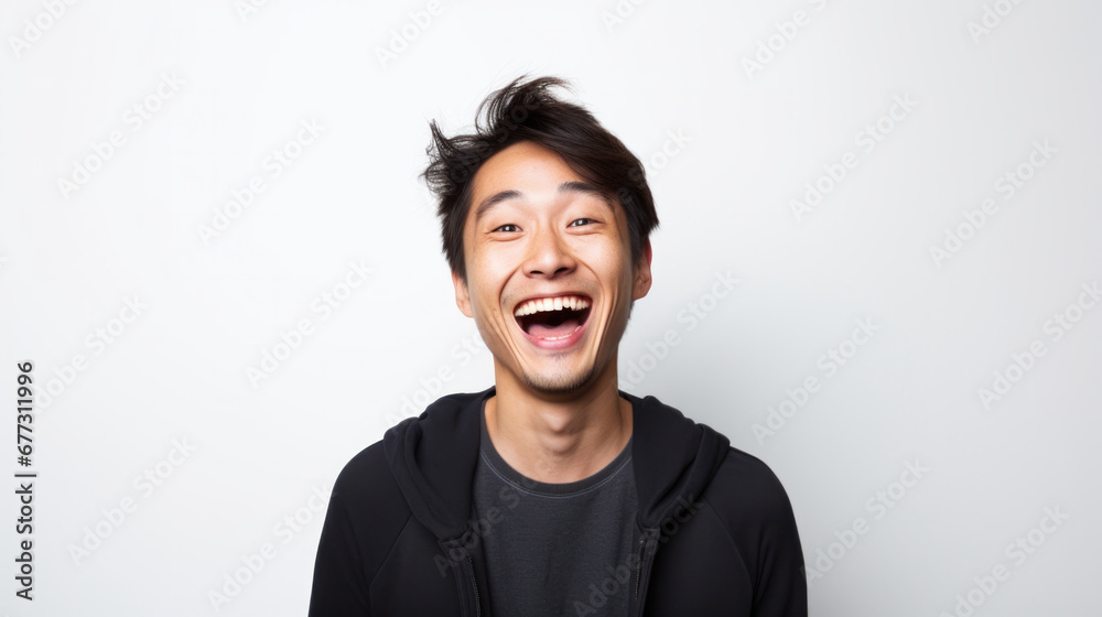Joyful young man with tousled hair laughing in a black hoodie on a white background