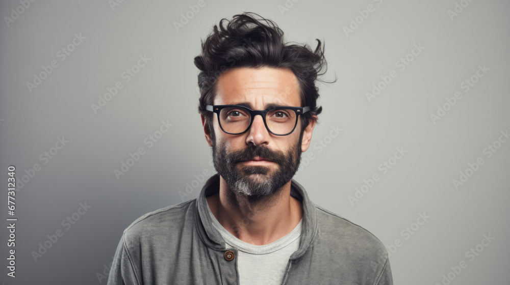 Fototapeta premium Confident man with tousled hair and beard wearing glasses on grey