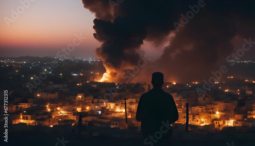 Silhouette of a man in front of a burning city in the evening © Muhammad