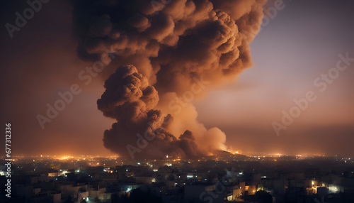 Aerial view of heavy smoke from industrial chimneys at night in the city
