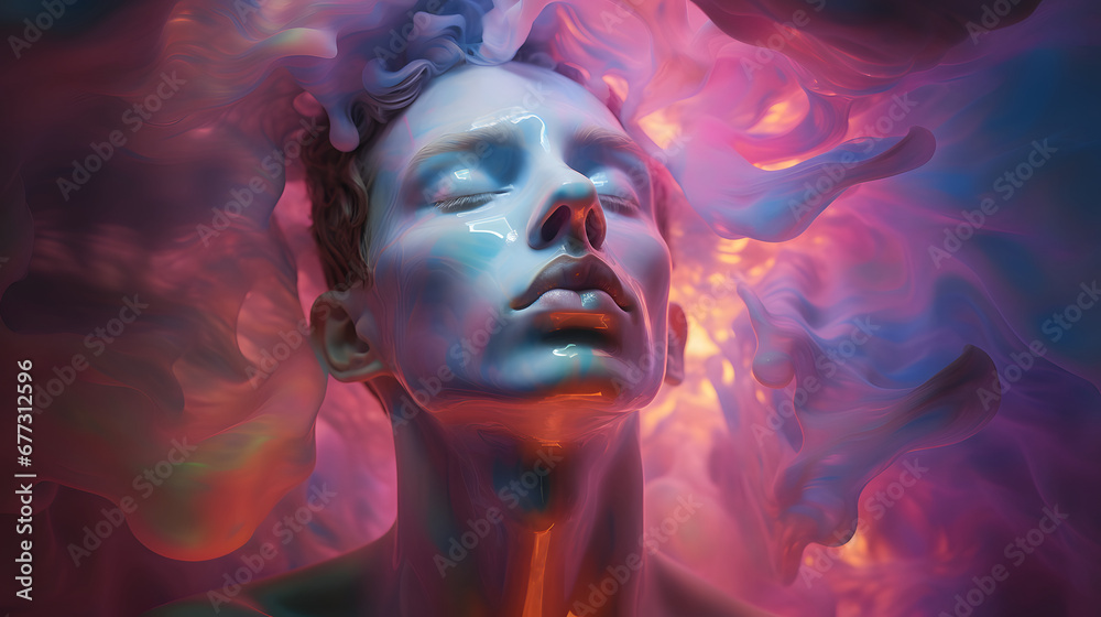 Abstract Beautiful man with shiny blue skin emerging from viscous fluid pink smoke