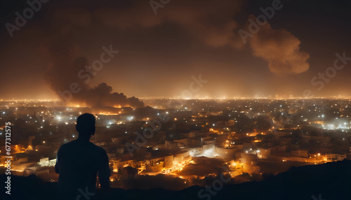 Silhouette of a man standing on the top of a mountain and looking at the city at night © Muhammad
