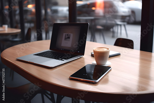 Laptop and coffee cup on wooden table in coffee shop background.