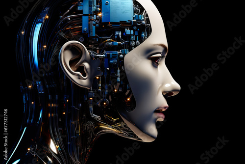 Woman's head with futuristic circuit board in the background.