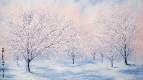  a painting of a snowy landscape with trees in the foreground and a pink and blue sky in the background.