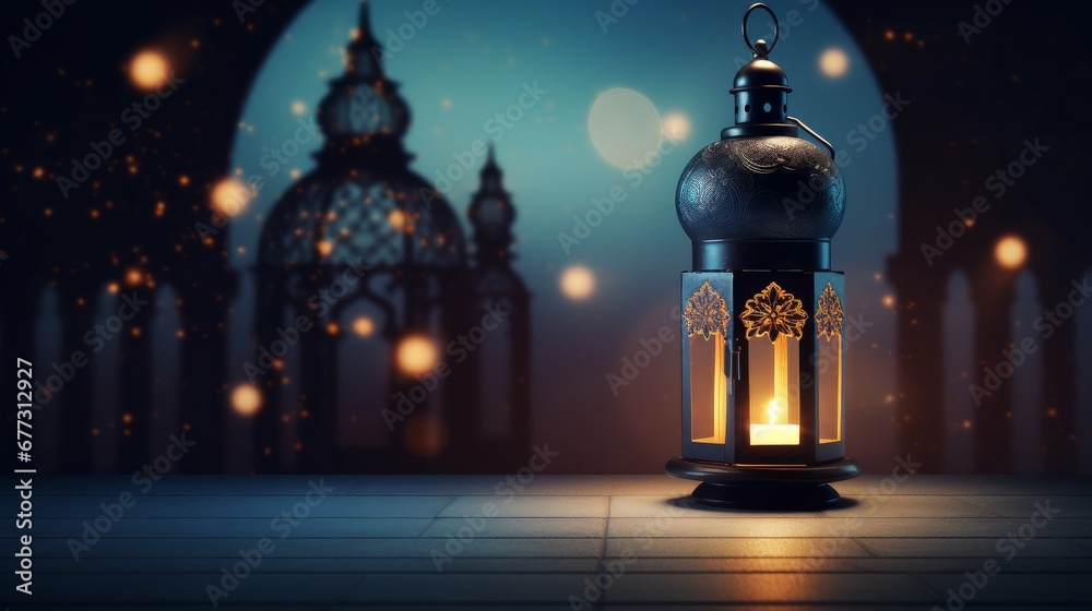 Fototapeta premium Beautiful Arabic lantern with a flickering light in the background of a mosque at night
