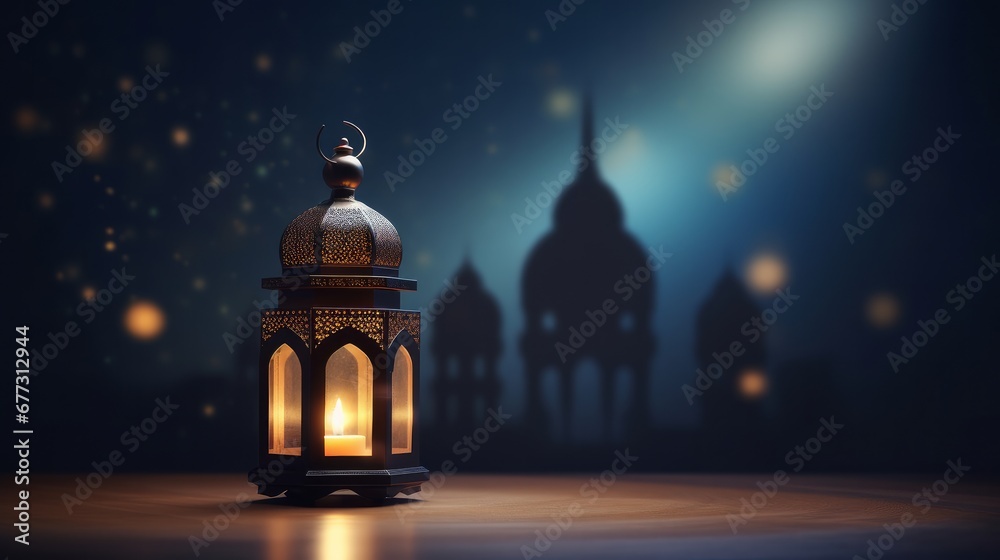Beautiful Arabic lantern with a flickering light in the background of a mosque at night