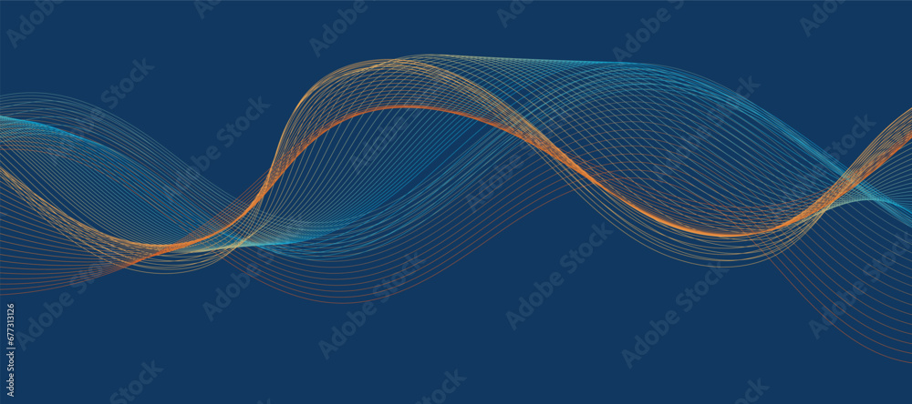 Abstract blue background with multicolored orange wavy lines - obrazy, fototapety, plakaty 