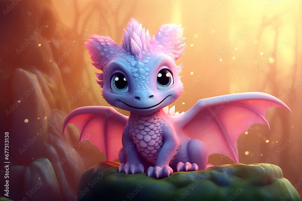 Super cute pink little baby dragon with big blue eyes. Fantasy monster ...