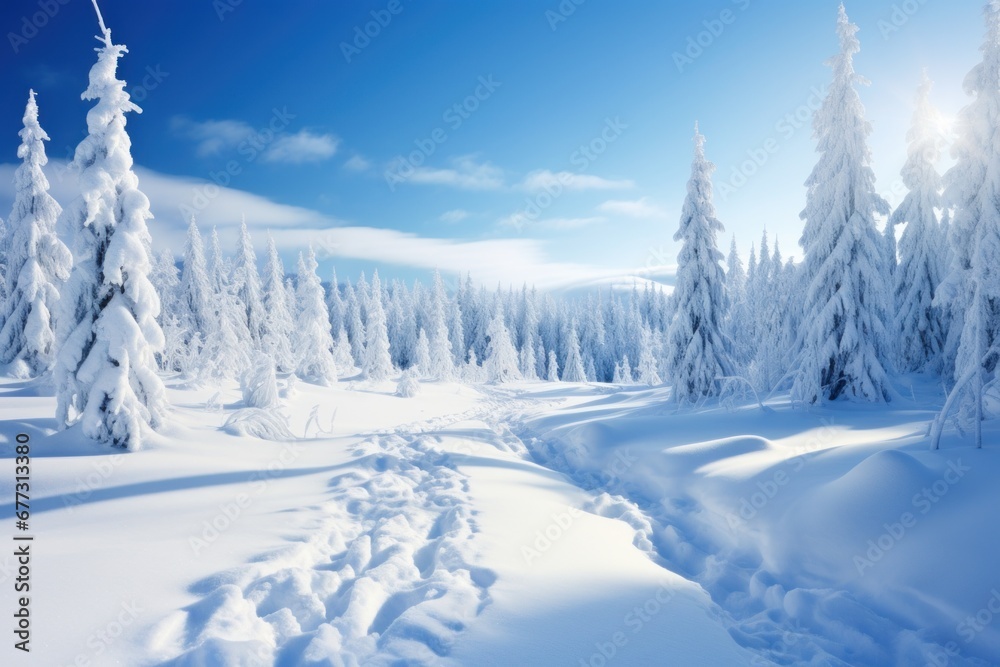 footprints in the snow. daytime winter landscape in the forest