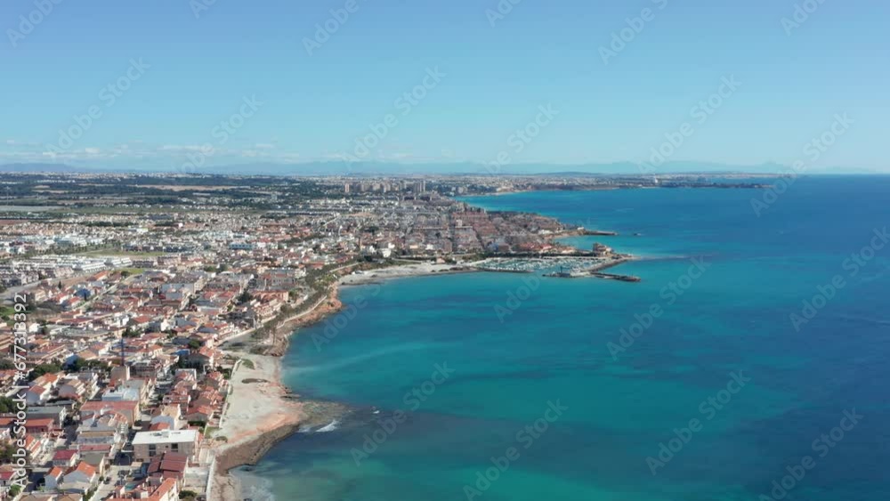 Mediterranean sea coastline aerial drone shot. Beach blue turquoise ocean Mediterranean sea coastline aerial drone shot. Beach blue turquoise ocean