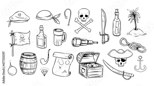 Pirate objects set, vector sketch illustration