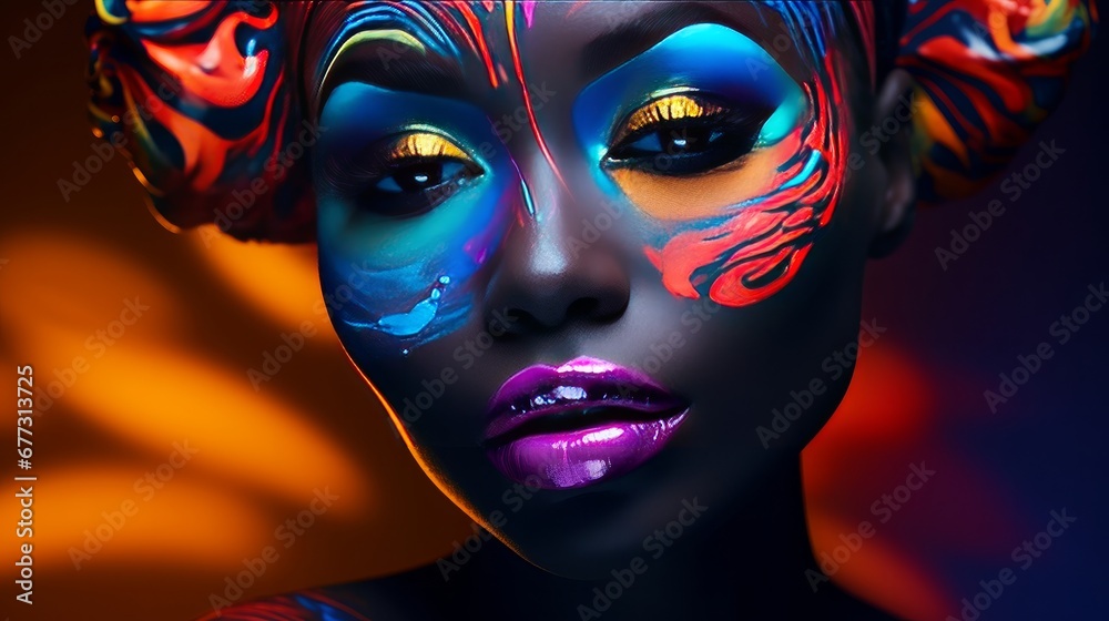 image of a young African woman wearing abstract, bright makeup. unique, captivating, and amazing shoot. neon lights, fluorescents, and body art