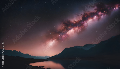 Milky Way over mountain lake at night with stars and milky way