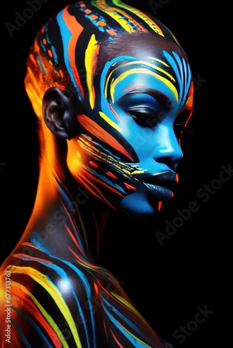 image of a young African woman wearing abstract, bright makeup. unique, captivating, and amazing shoot. neon lights, fluorescents, and body art