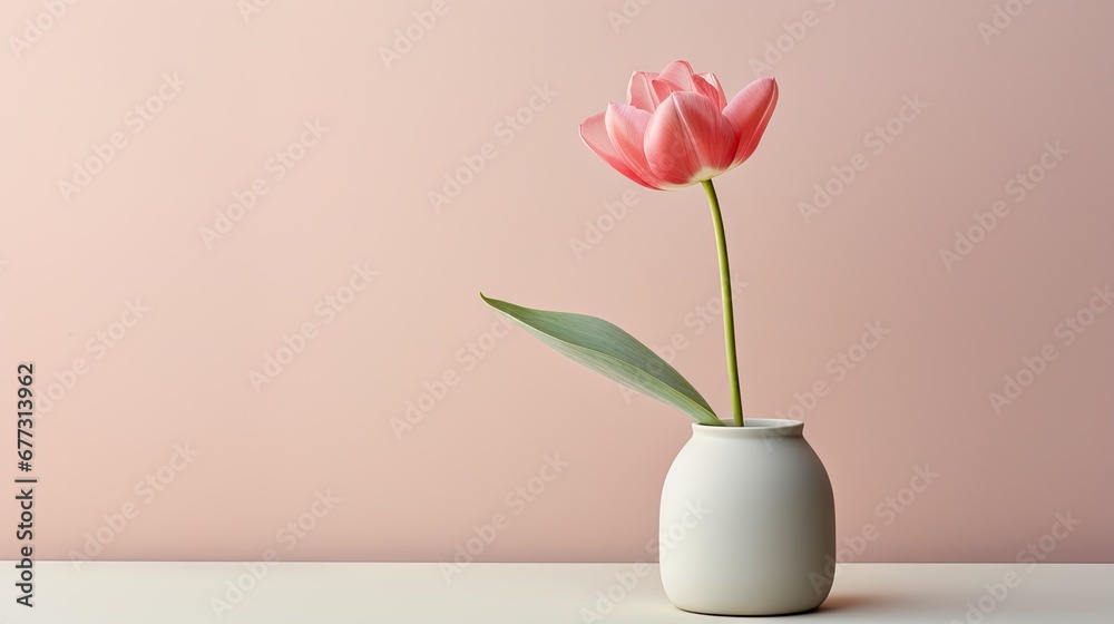  a single pink tulip in a white vase on a white table with a pink wall in the back ground.