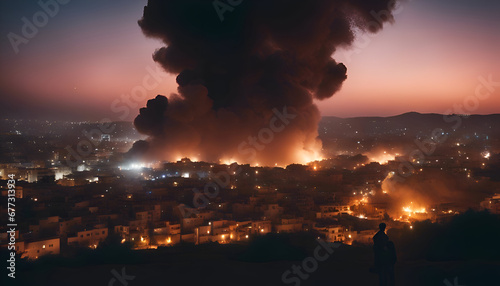 Aerial view of burning city at night. A man stands on a hill and looks at the city.