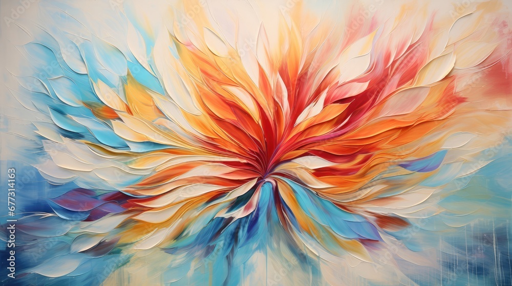  a painting of a multicolored flower on a blue, yellow, red, orange, and white background.