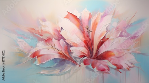  a painting of pink and red flowers on a blue and white background with drops of light coming from the petals.