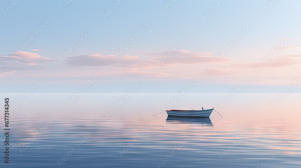  a small boat floating on top of a large body of water under a cloudy blue sky with a few clouds.