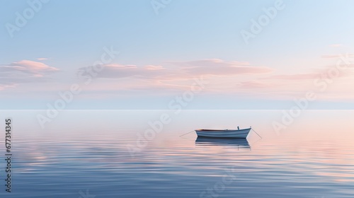  a small boat floating on top of a large body of water under a cloudy blue sky with a few clouds.