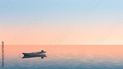  a small boat floating on top of a body of water near a shore with a light blue sky in the background.