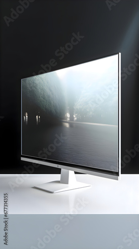 Computer monitor on a white table in a dark room. 3d render photo
