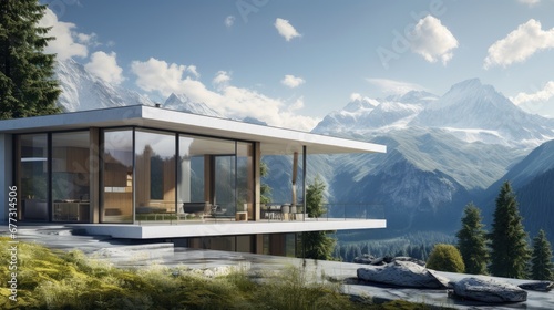  an artist's rendering of a house in the mountains with a view of a lake and a mountain range. © Anna