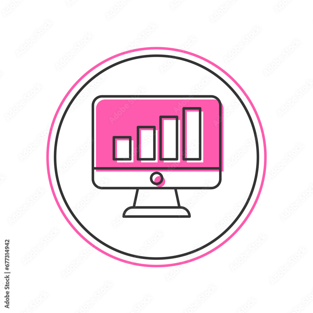 Filled outline Computer monitor with graph chart icon isolated on white background. Report text file. Accounting sign. Audit, analysis, planning. Vector Filled outline Computer monitor with graph chart icon isolated on white background. Report text file. Accounting sign. Audit, analysis, planning. Vector